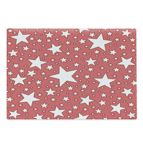 Coral Cutting Board, Big and Small Star Burst Youthful Energetic Celebration Design, Decorative Tempered Glass Cutting and Serving Board, Large Size, Coral Red White, by Ambesonne