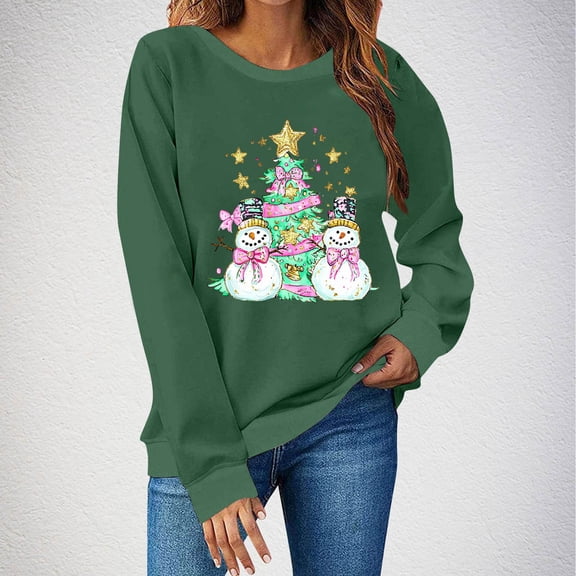 PNTUTB Womens Crew Neck Sweatshirt Long Sleeve Christmas Tree Print Casual Loose Cute Pullover Top