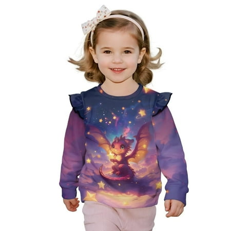 Garronmavis Cute Pink Dragon Long Sleeve Sweatshirt Comfortable Kids Sweatshirts Pullover Loose Ruffle Long Sleeve Girls Top 8T Stylish Girls Pullover Crewneck Sweatshirt for Toddler Kids