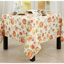 Fennco Styles Fall Leaves Pumpkins Harvest Tablecloth 65" W x 140" L – Orange Table Cover for Thanksgiving, Seasonal Décor, Banquet, Family Gathering and Special Events