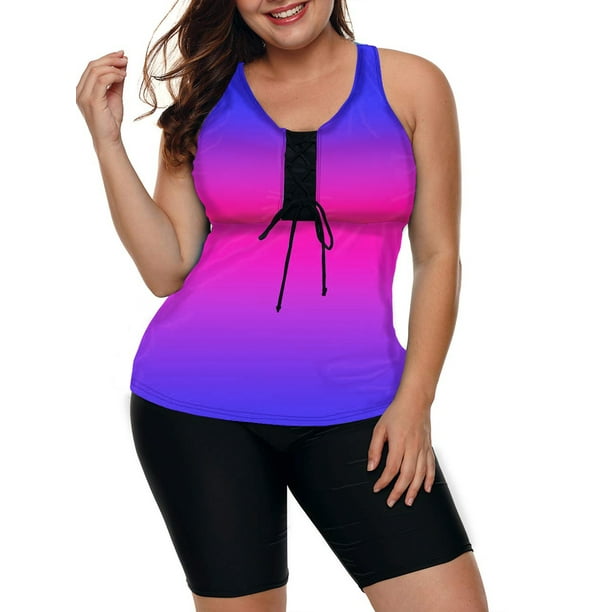 Women's Plus Size Two Piece Bathing Suits Color Block Racerback Tankini