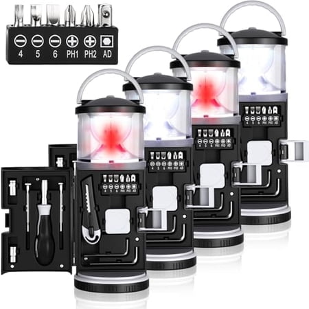 4 Pack Valentine Hunting and Fishing Gifts for Men/dad LED Camping Lantern with 15pcs Multi Tool Kit Portable Emergency Lantern with Screwdriver for Outdoors Father s Day Birthday Present for Dad