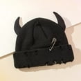 thumbnail image 5 of Unisex Knitted Beanie Hat, Devil Horns Knitted Hat, Halloween Distressed Skull Cap Funny Hip Hop Hat Windproof Warm Winter Yarn Hat For Men Women (Black), 5 of 7