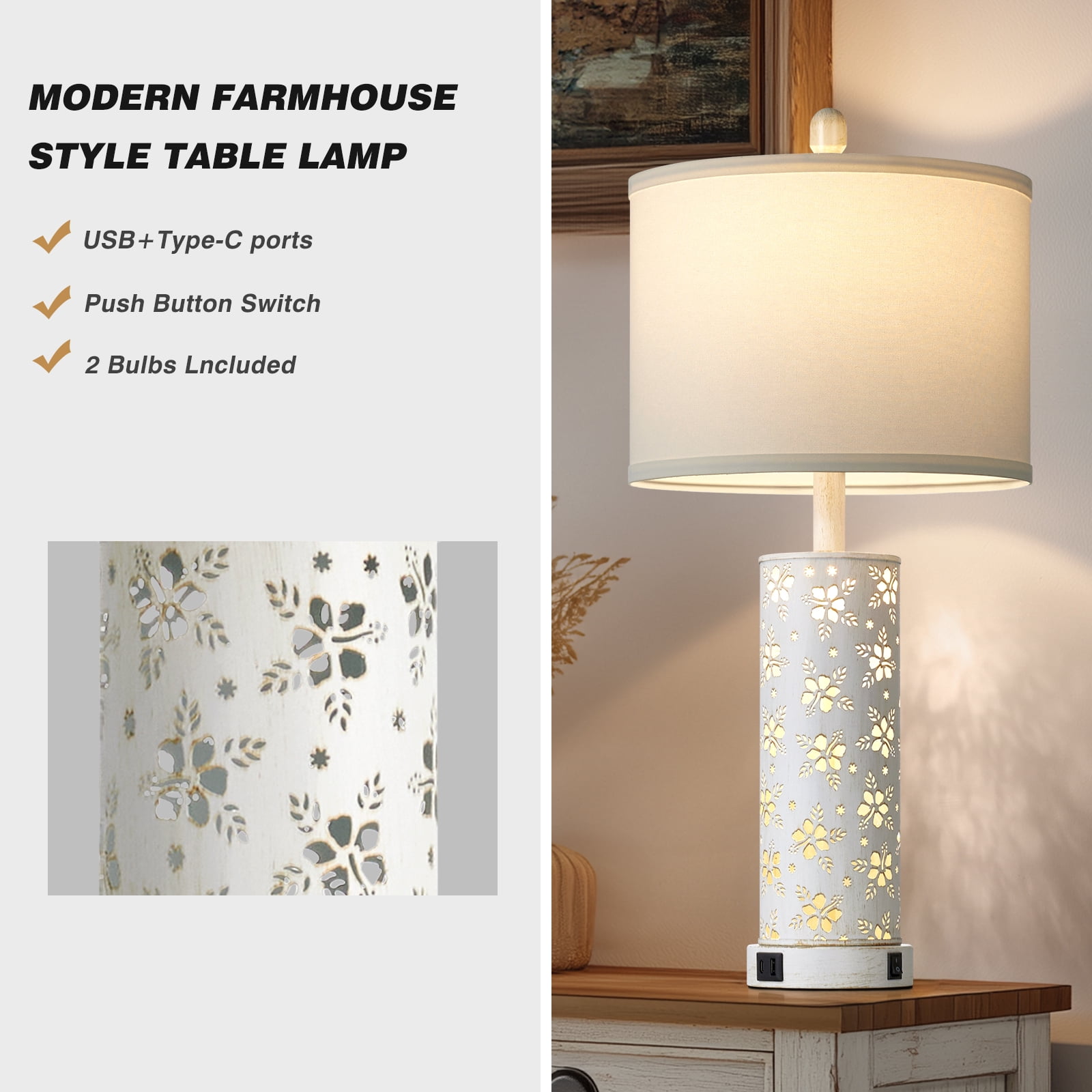 Lolikit 27" Table Lamps Set of 2 Beside Lamps for Bedroom Living Room with USB Charging Port, Modern Farmhouse Nightstand Lamps,Bulbs Included