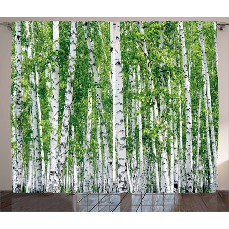 Summer Window Birch Tree Curtains 2 Panels Set, Fresh Green Leaves Summer Forest Rural Landscape Lush Environmental Image, Window Drapes for Living Room Bedroom, 108W X 84L Inches, Green White Black, by Ambesonne ()