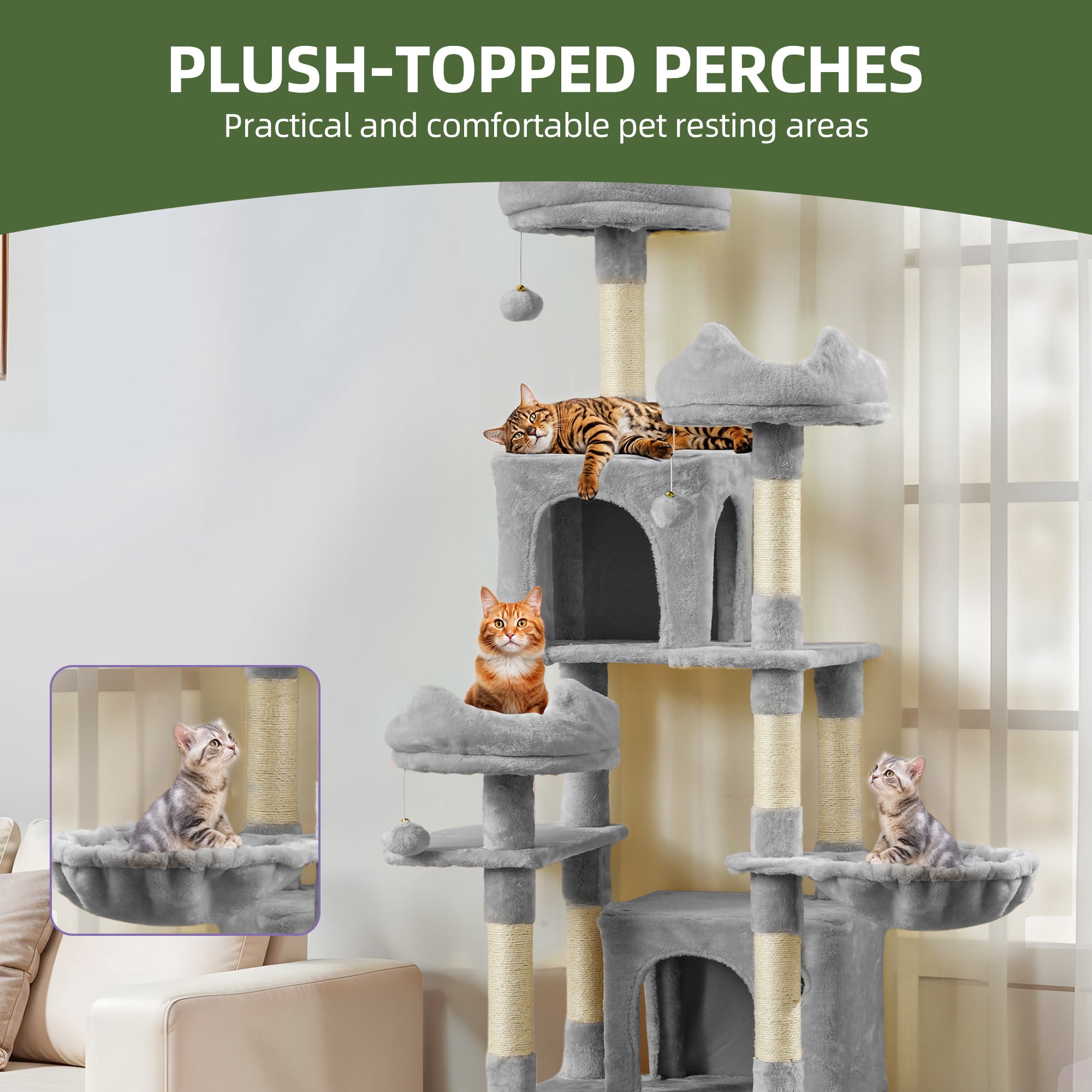 Uforic 75" Multi-Level Cat Tree Tower with Condos, Hammocks, Scratch Posts, Light Gray