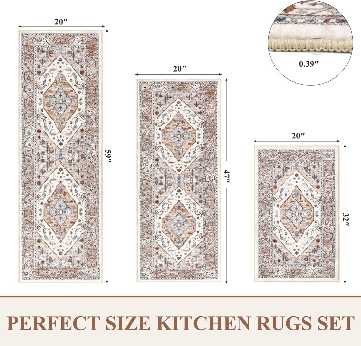 Kitchen Rugs and Mats, Yamaziot Kitchen Rug and Runners Set of 3 for Farmhouse Floor, Washable Non Slip Runner Rug for Hallway Laundry Room Carpet, 20"x32"+20"x47"+20"x59"
