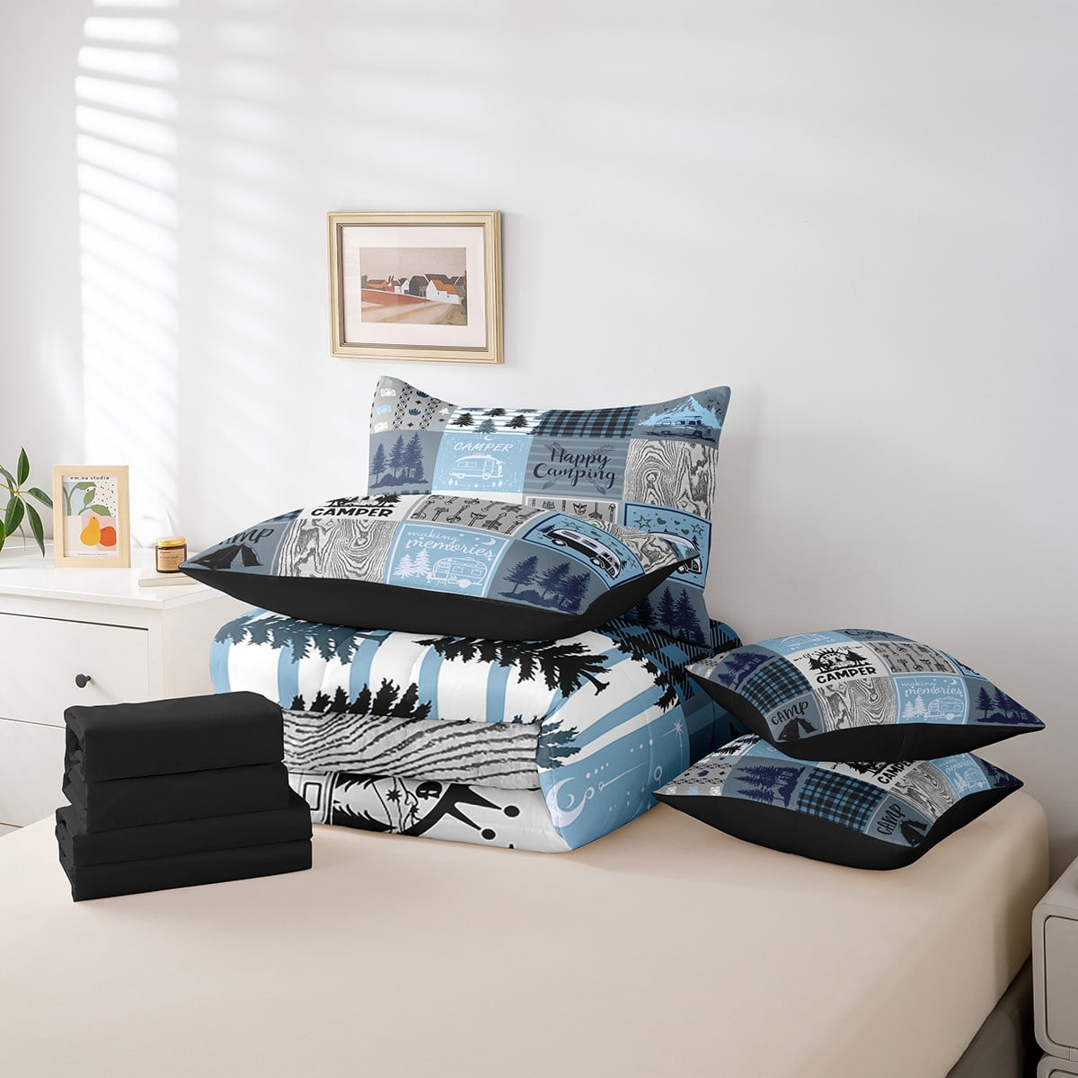 Camper Comforter Set 7 Piece Full Happy Camping Bed In A Bag Rv Bunk Accessories Bedding For Travel Trailers,Blue Grey Rustic Buffalo Plaid Arrow Pine Tree Bed Set