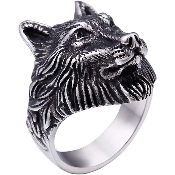 Jiaoiudi Men's Stainless Steel Wolf Head Biker Ring Vintage,Punk,Single Piece for Daily Wear