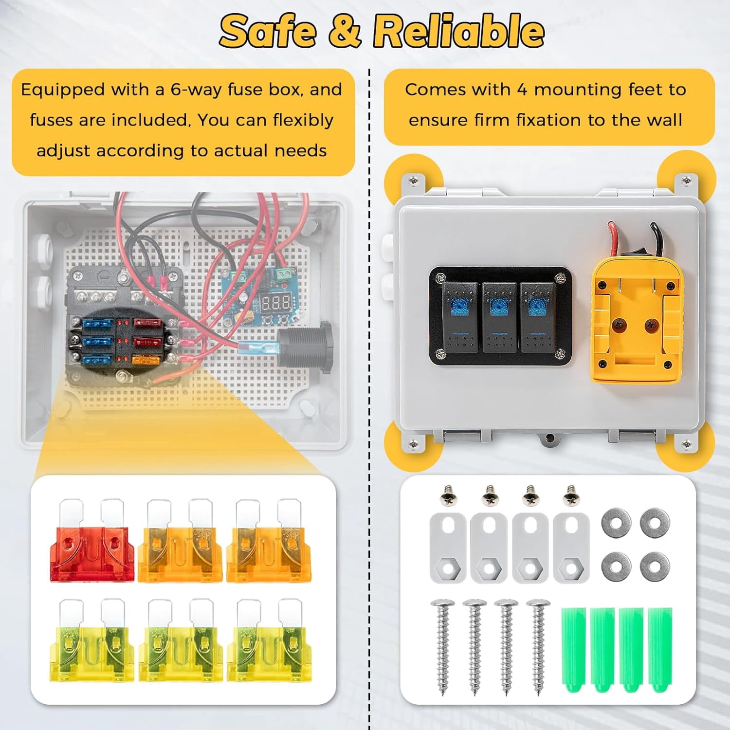 Power Distribution Box with Battery Adapter Fit for De.walt 20V Battery,with Pre-Installed Lines/Dual USB Charger/Low Voltage Protection