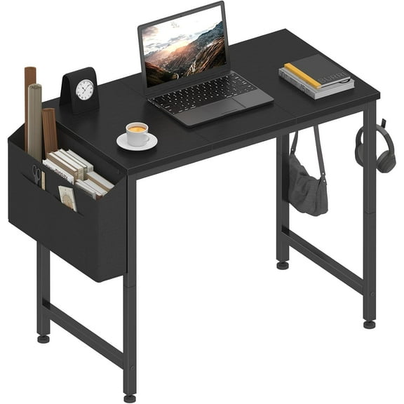 32-Inch Small Desk for Small Spaces, Kids & Girls Study Writing Table for Bedroom, Modern Compact Laptop Side Table with Storage Bag & Headphone Hooks, Black