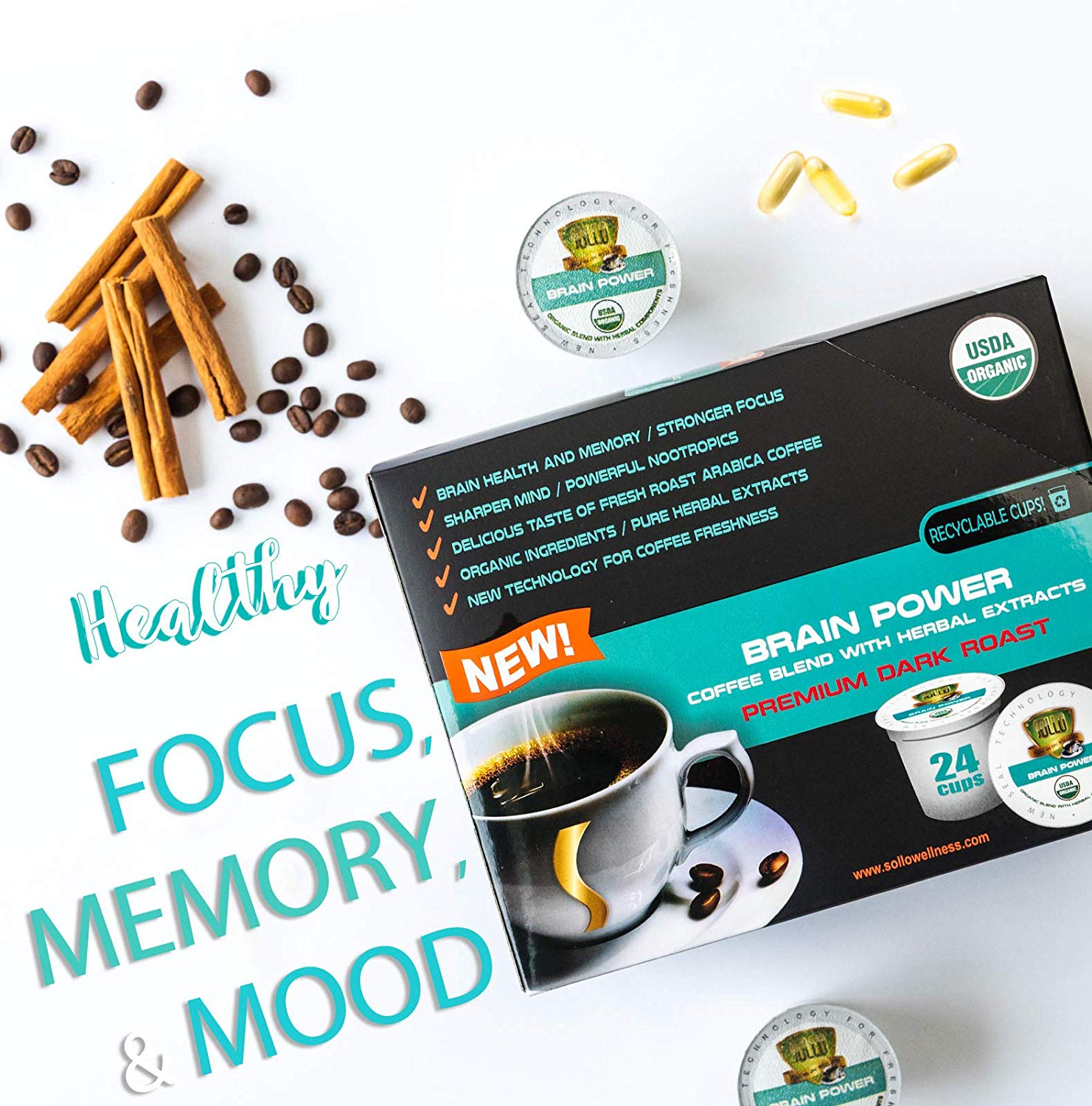 SOLLO Brain Power Coffee Pods MCT, Acai & Vitamins B1, B5, B6, B9, B12, D3 Nootropic Brain Booster - Improves Memory & Focus Compatible with 2.0 K-Cup Keurig Brewers, 24 Count