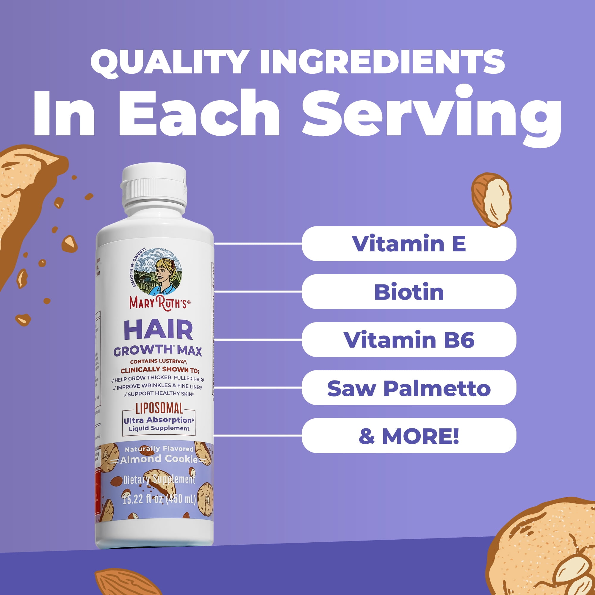 MaryRuth's Hair Growth Max Liposomal Multivitamin Supplement Skin Health Almond Cookie Flavor Lustriva Adults 15.22 fl oz