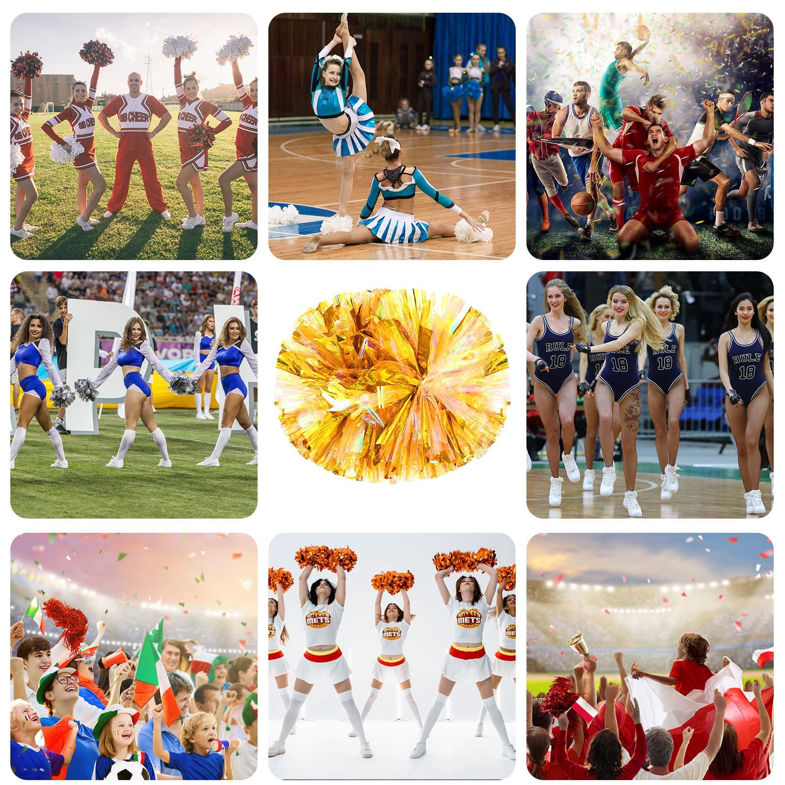 Cheerleading Pom Poms 20 Pcs with Handle Style, Handheld Squad Pompoms for Sports Team Cheer Spirit Games Dance Party Adults