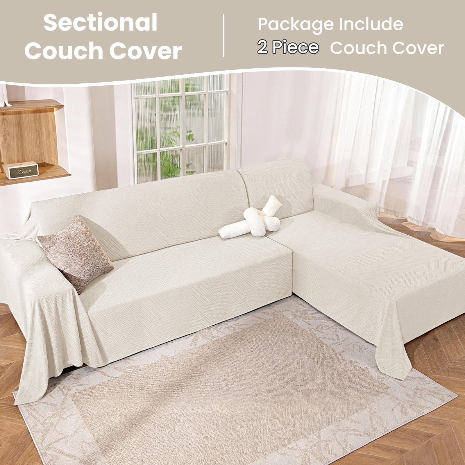 JIATER Couch Covers for L Shaped Sectional Sofa Covers 2-Piece Stretch Throw Sofa Slipcovers,Beige