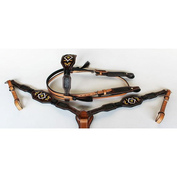 Horse Bridle Western Leather Headstall Breast Collar Show Tack Beaded  7906