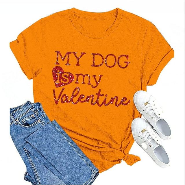 Tittly T-Shirts pour Femmes T-Shirts Graphiques Saint-Valentin Mon Chien Est Mon Valentin Imprimé Chandail Décontracté Imprimé Col Rond T-Shirt Chandail pour Femme T-Shirt T-Shirts Chemises Hauts pour Femmes Orange 3TG