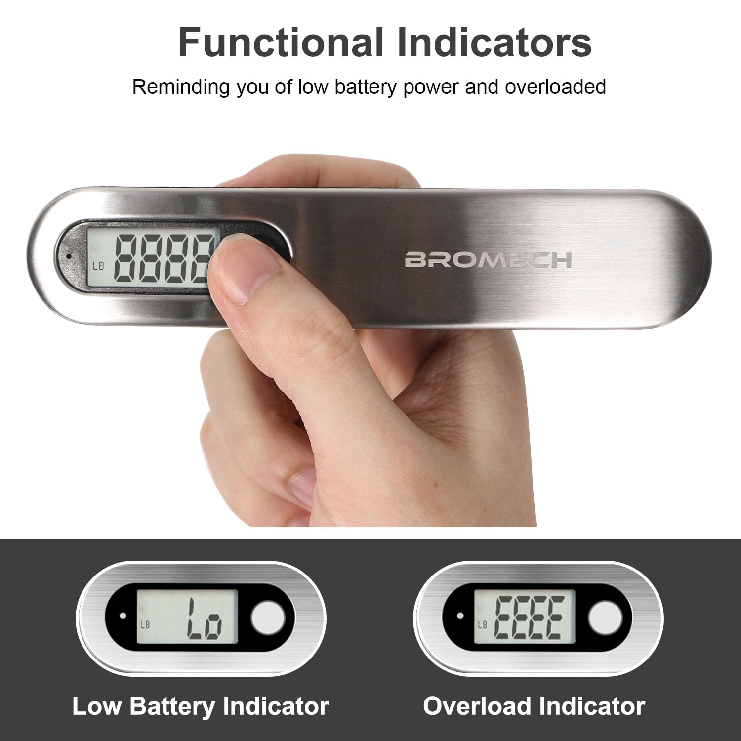 BROMECH Luggage Scale, 110lbs Portable Digital Hanging Baggage Scale, Stainless Steel Travel Weighing Scale with Hook & Battery, Strong Straps Suitcase Scale Suitable for Travel (Silver)