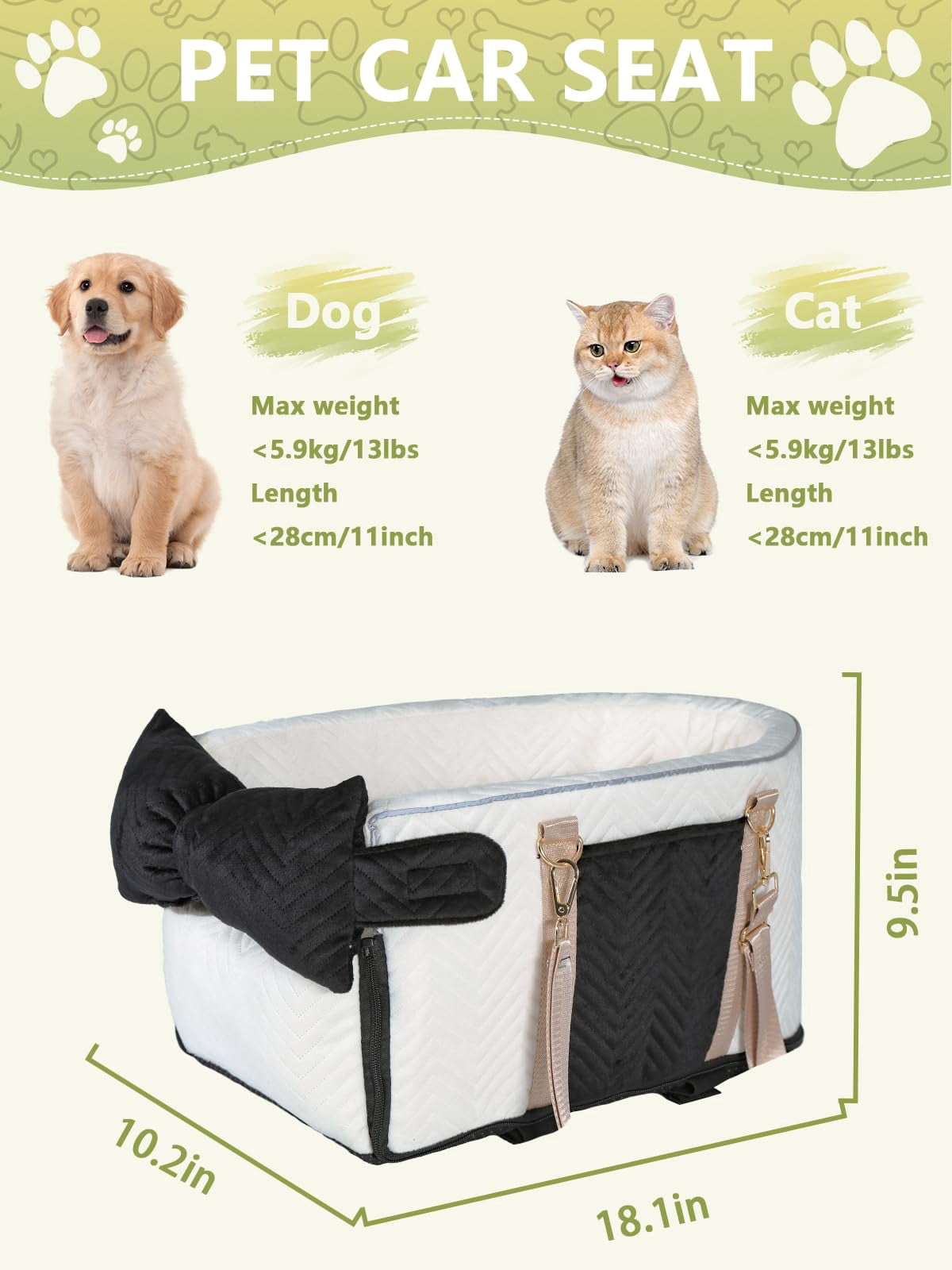 Small Dog Car Seat  Portable With Soft Washable Cushion Center Console For Dogs Up To 13lbs(white)