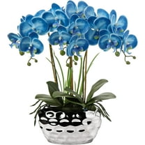 Orchids Artificial Flowers 18" Blue Phalaenopsis Large Orchid with Silver Ceramic Pots Fake Orchid Flower for Home Office Bathroom Living Room Table Decoration