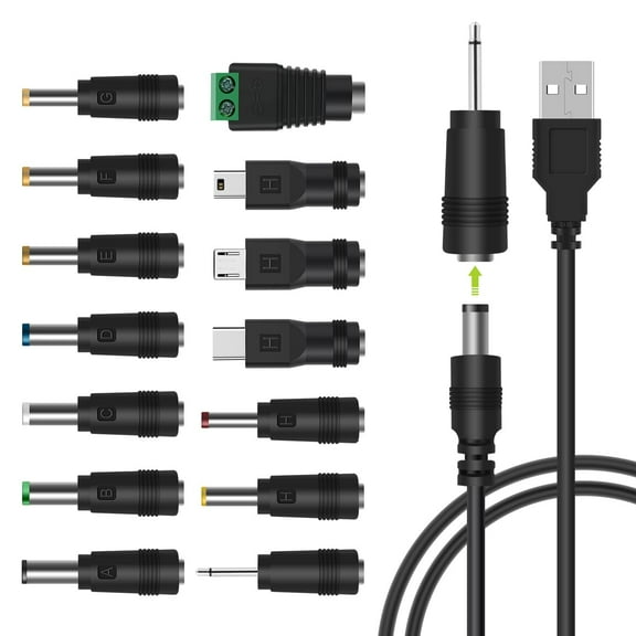 USB to DC Power Cable, DC 5V Power Cord 5.5 2.1mm Jack Charging Cable with 14 Interchangeable Plugs Addapters for 5V Devices