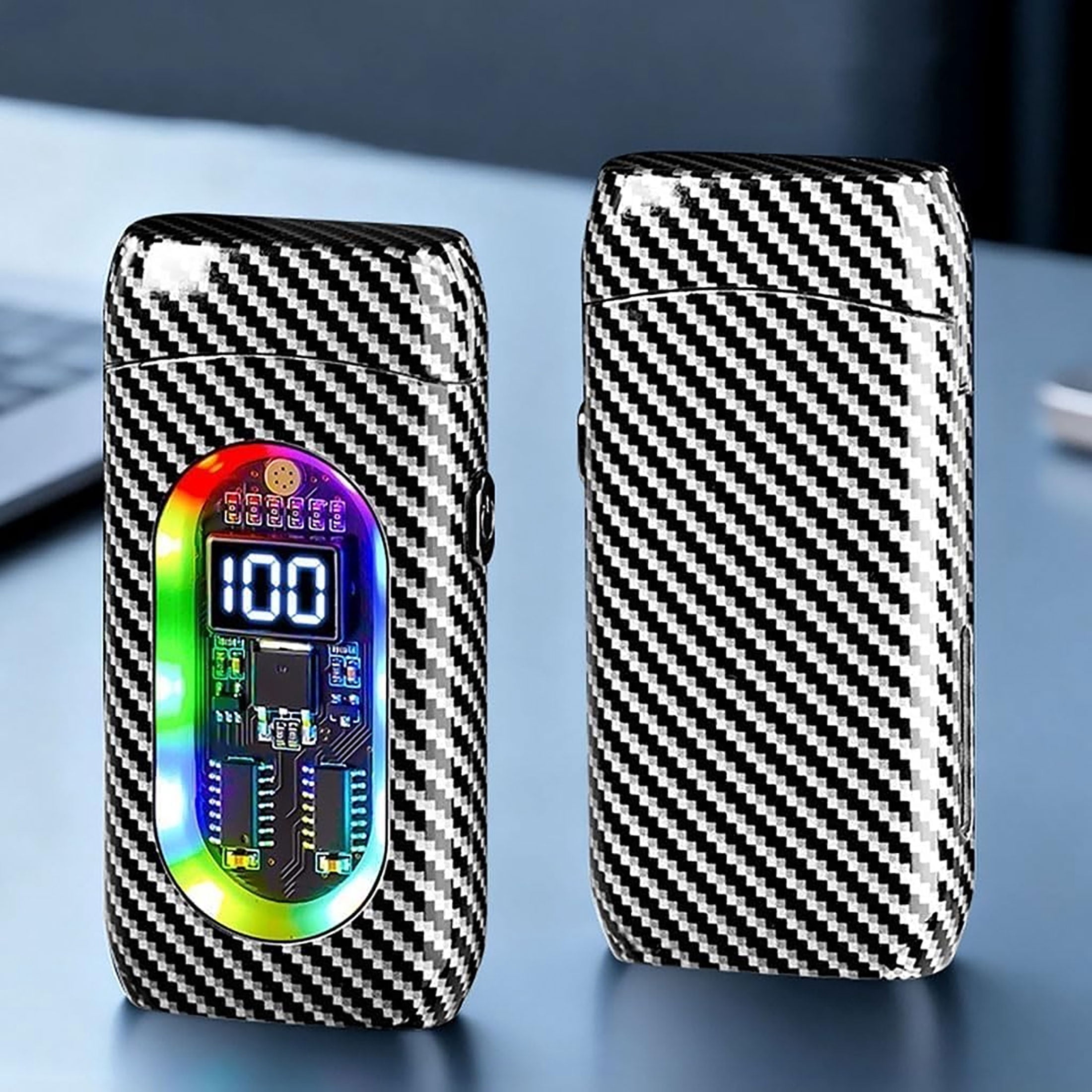 Dual Flame Metal Windproof Lighter with LED Display - USB Rechargeable, Visible Gas Chamber, 4 Ignition Modes, Colorful Lights for Camping, Grill & Candle