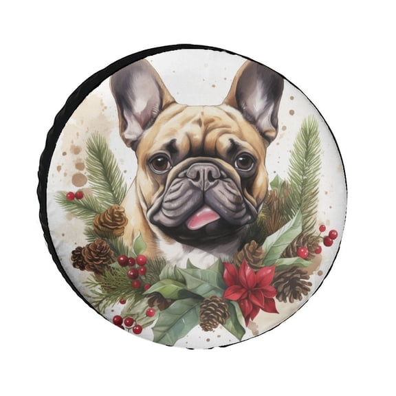 French Bulldog With Christmas Wreath Camper Spare Tire Cover Dog Decorations Gifts Weatherproof Wheel Protectors for Camper Trailer Truck SUV Universal 12inch Camper Spare Tire Cover