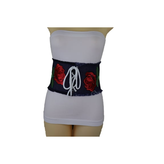 Women Wide Blue Denim Fabric Corset Belt Red Flower M