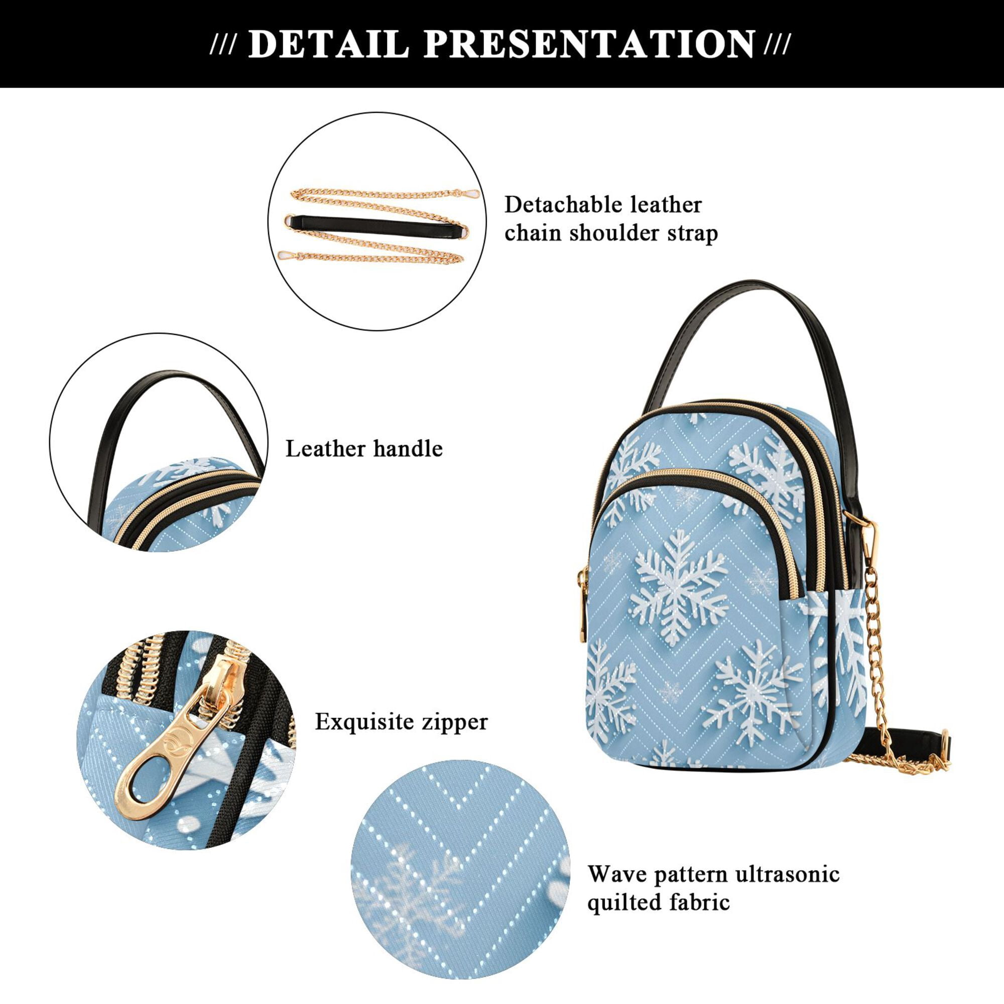 FORMRS Crossbody Bag for Women Quilted Travel Shoulder Cell Phone Purse with Chain Strap Handbag, Blue Snowflake