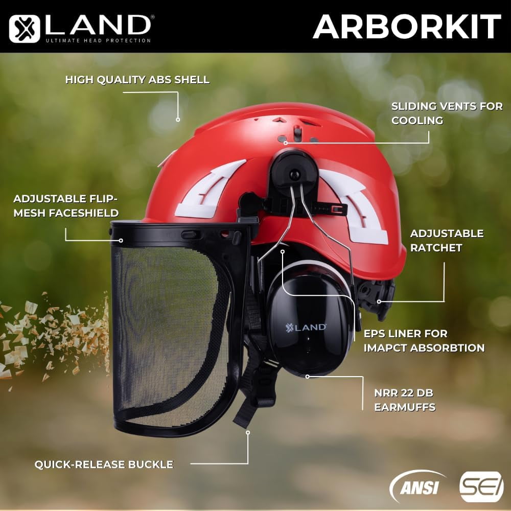 Land Helemts AeroPro ArborKit - Type 1 Class C Forestry Safety Kit - Includes Earmuffs, Faceshield & Safety Helmet - ANSI/ISEA Z89.1 - Red