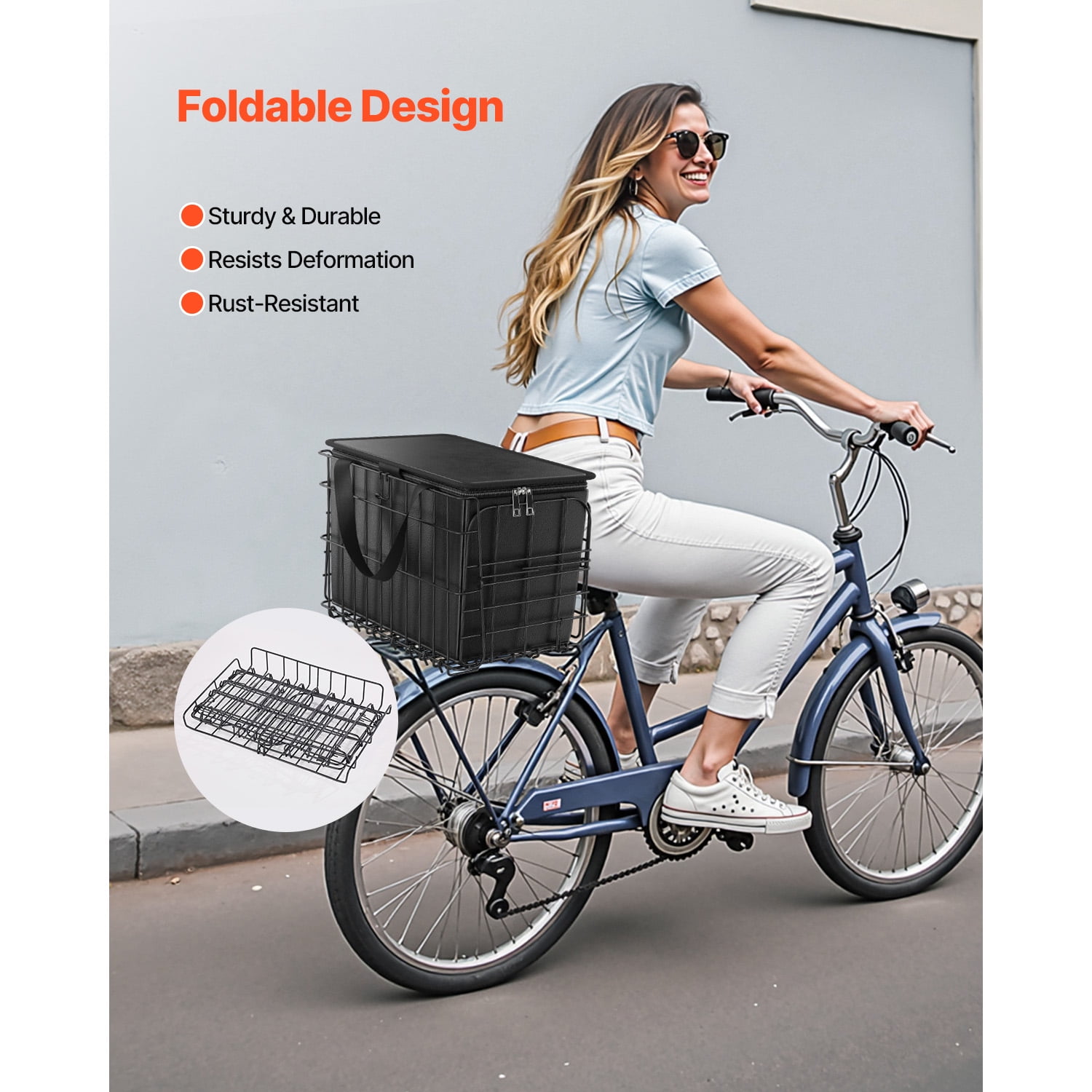 KFFKFF Rear Bike Basket, Foldable Wire Bicycle Basket with Cargo Net, Detachable Liner Bag & Waterproof Cover, Quick Release Design for Adults Carrying Pets, Groceries, and More