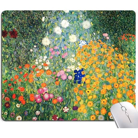 Mouse Pad, Floral Mouse Pad Oil Painting Design, Cute Mouse Pads Square Waterproof Mouse Mat Non-Slip Rubber Base MousePads for Laptop PC Office, Gustav Klimt Flower Garden