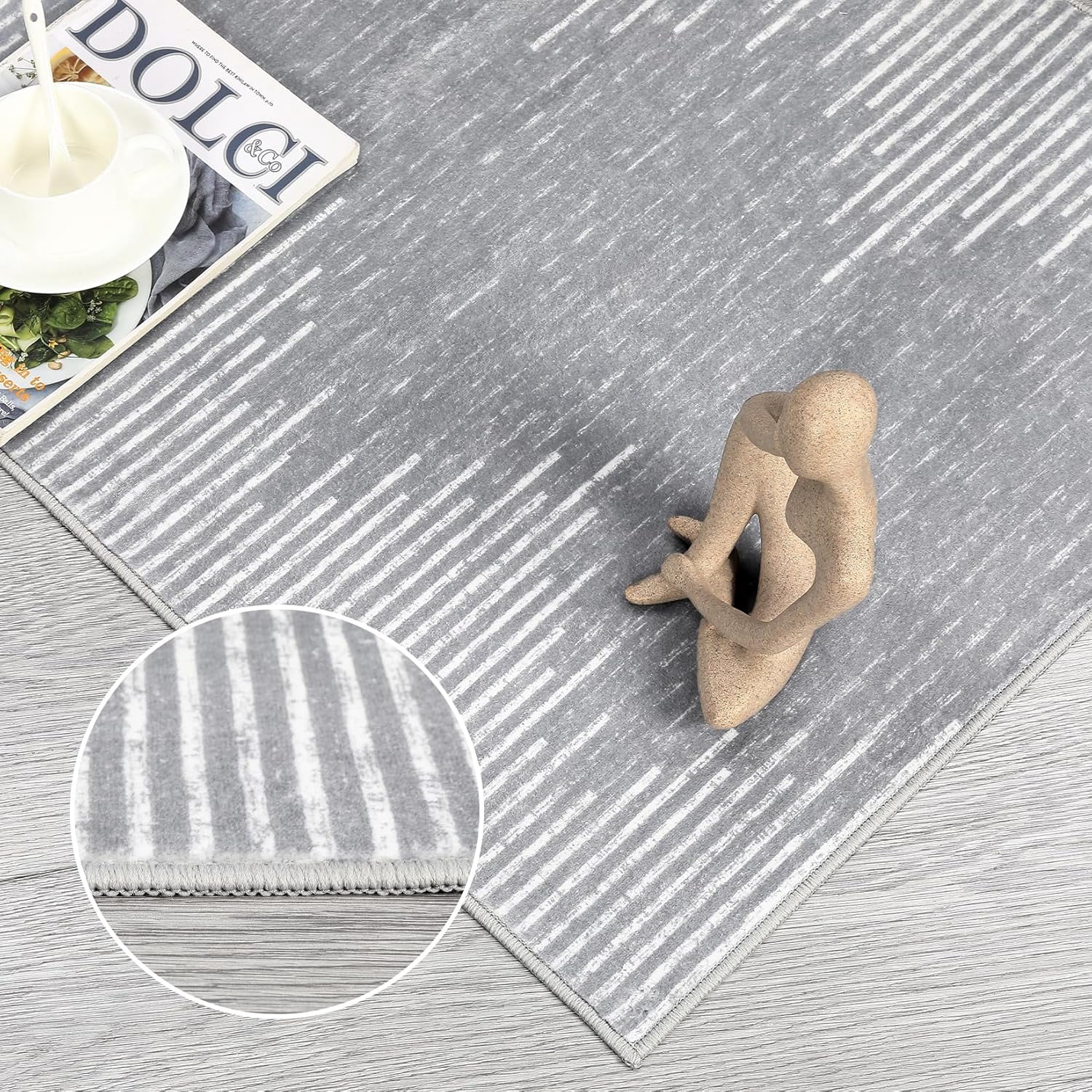 Area Rug 8x10 Washable Rug for Living Room Dining Room Bedroom Office Low Pile Soft Neutral Area Rugs Modern Stripes Farmhouse Floor Cover Grey Rug