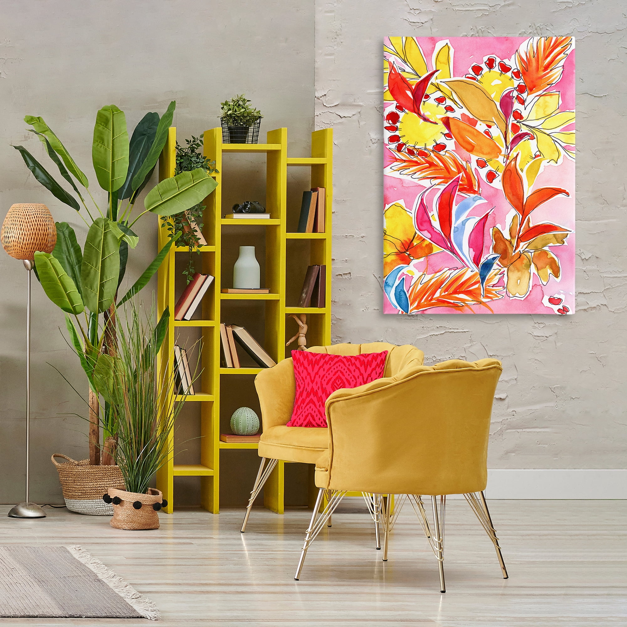 Stupell Industries Orange Botanicals on Pink Plants & Flowers Painting Wrapped Canvas Art Print Wall Art, 30 x 45