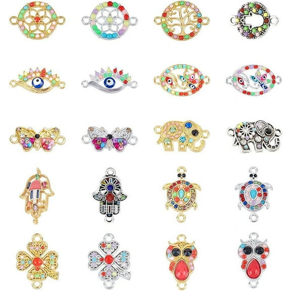 1Box 20 Pcs Alloy Links Connectors Colorful 10 Styles Evil Eye Charm Jewelry Connector Findings with Resin and Rhinestone for DIY Crafts Making