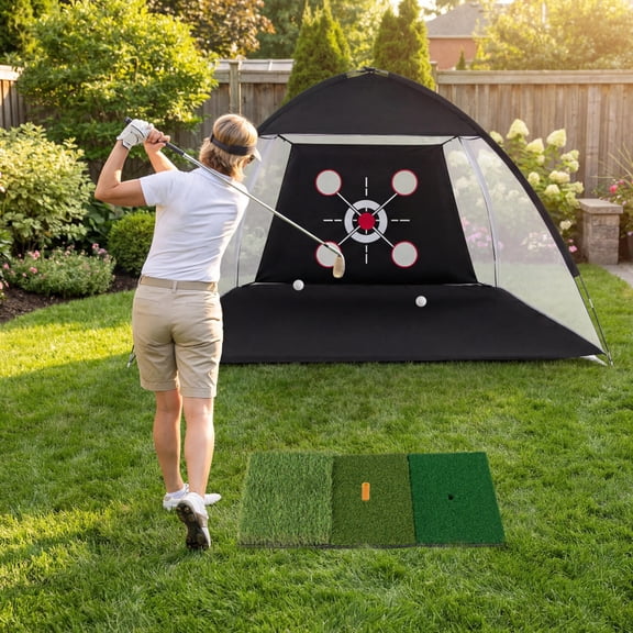 Golf Practice Net with Foldable Tri-Turf Mat, 10.3 X 6.5 Feet, for Swing, Chipping, and Driving Practice