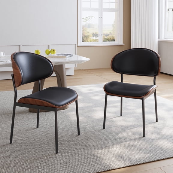 Modern Dining Chairs Set of 2, Mid-Century Upholstered Kitchen Chair with Curved Wood Back and Metal Legs, Black