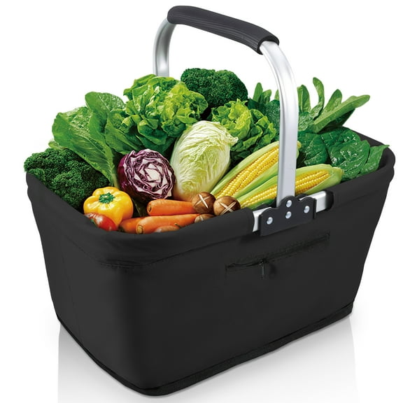 600D Oxford Cloth Picnic Basket with Aluminum Alloy Handle and Zipper Pocket 23L Collapsible Shopping Basket for Travel Picnic Shopping