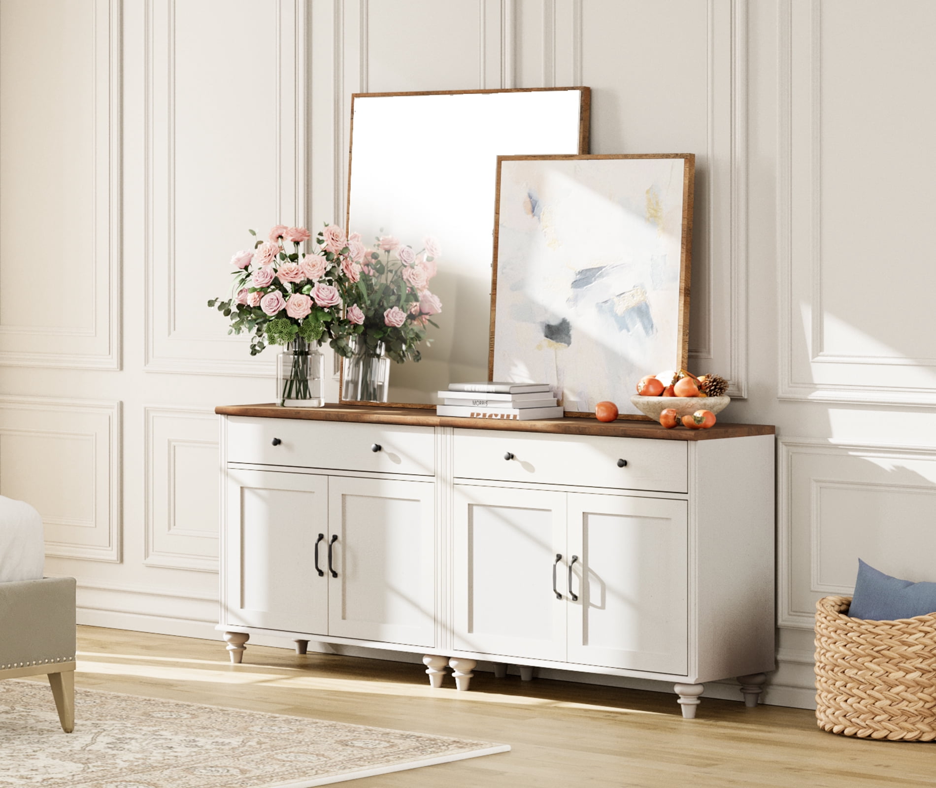 Buffet Cabinet with 4 Doors and 2 Drawers, Large Kitchen Storage Cabinets Wood Coffee Bar Tables with Adjustable Shelf, Modern Farmhouse Sideboard for Dining Room, Living Room, Off White, 68 inch