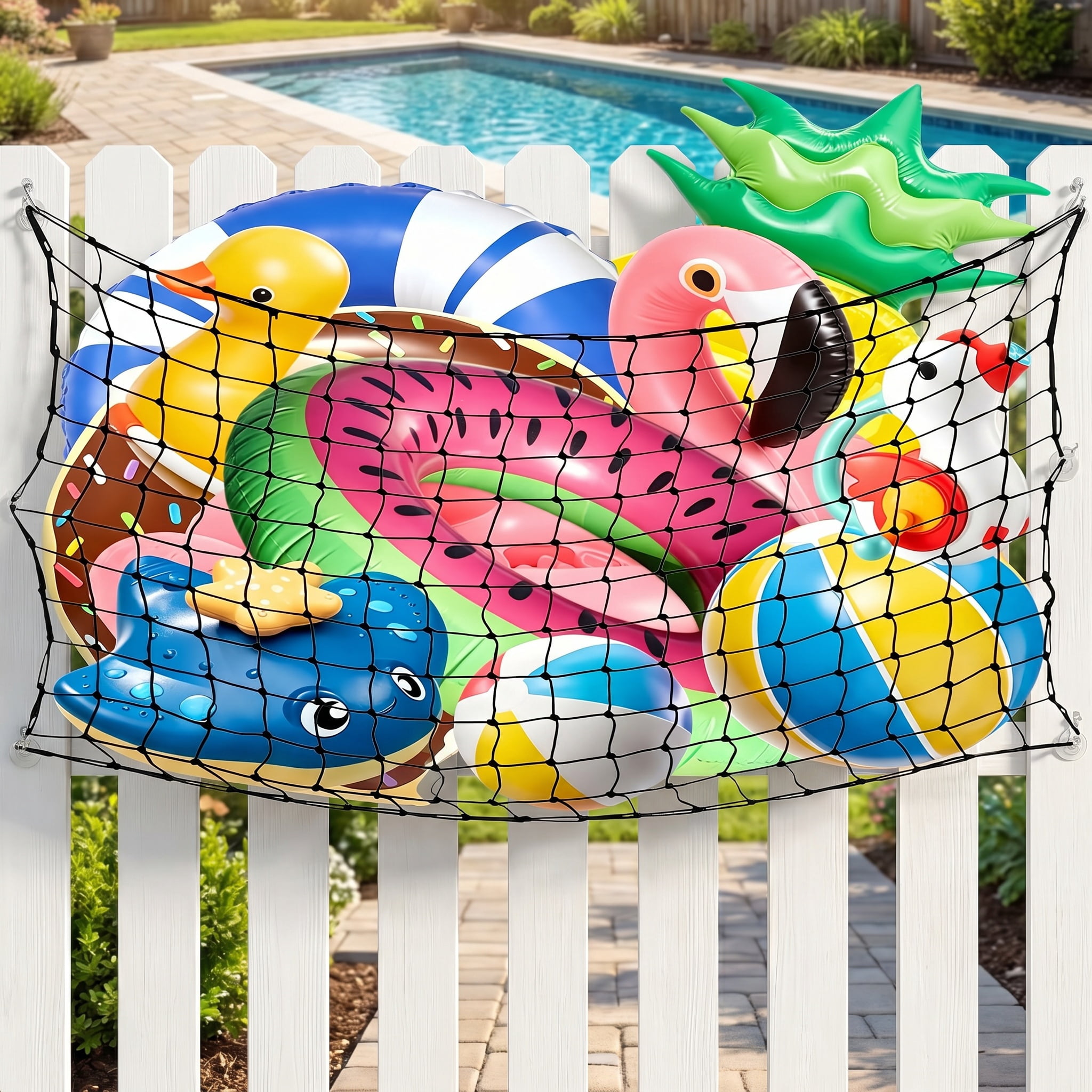 Pool Float Storage Net Set, 71" x 41" Extra Large Elastic Hanging Mesh Organizer with Hooks and Inflatable Valves for Pool Floats, Balls, Water Inflatable Rafts