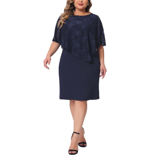 Agnes Orinda Robe Cape Grande Taille pour Femmes Sans Manches avec Superposition en Dentelle Moulante Robe Crayon de Soirée 3X Bleu Foncé