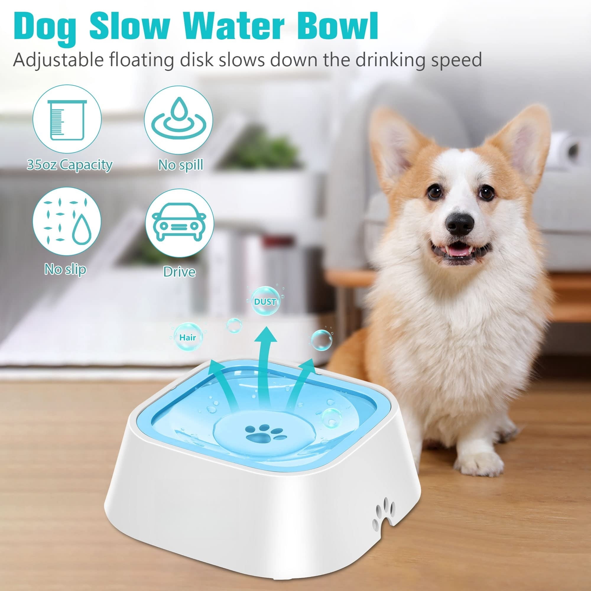 No-Spill Pet Water Bowl, Slow Water Feeder, No-Slip Pet Water Dispenser 35oz Feeder Bowl for Dogs and Cats-2Pcs