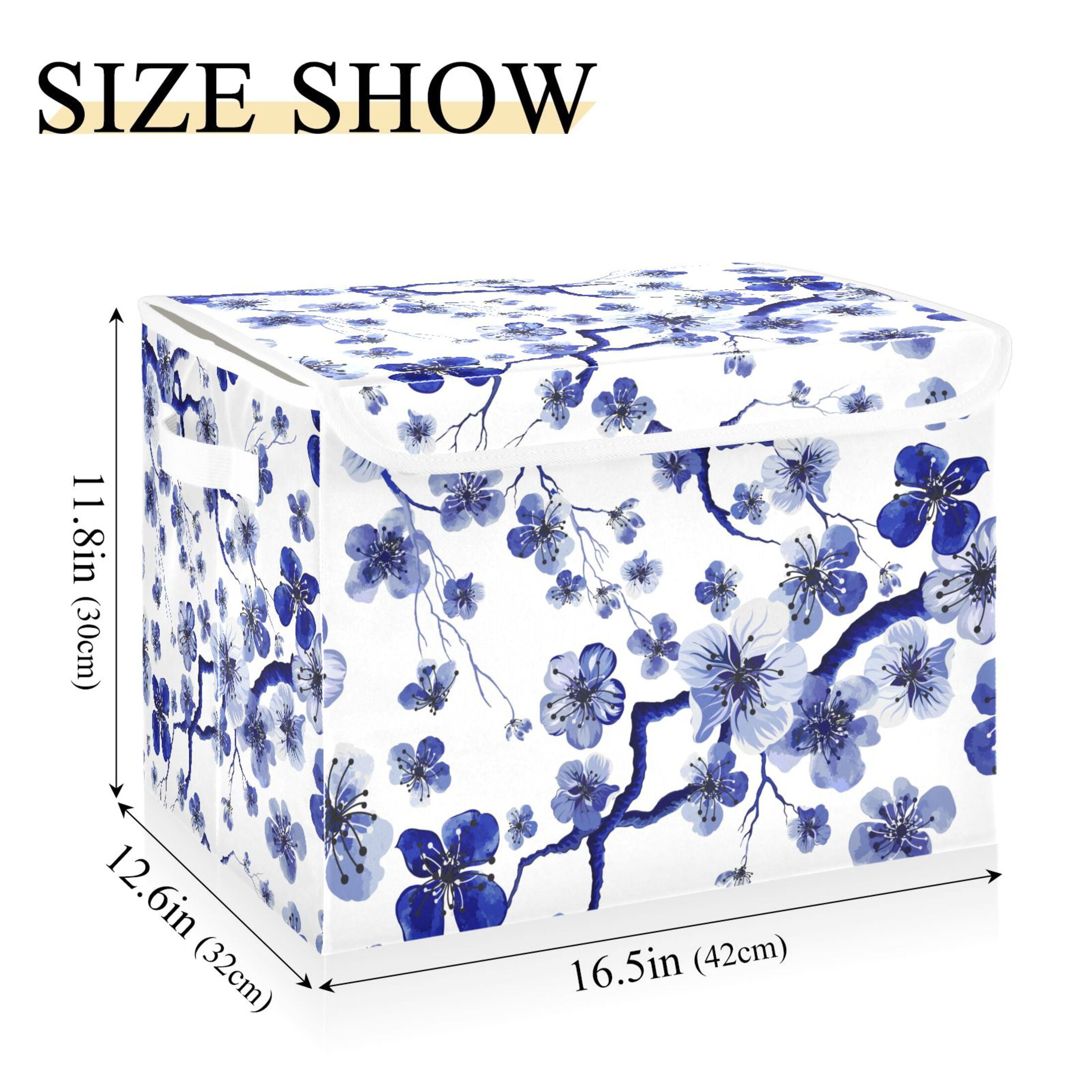 Flowes Floral Blue Large Lidded Storage Bin Foldable Storage Boxes Cubes Baskets Lids with 2 Handles for Home Bedroom Office 16.5x12.6x11.8inch