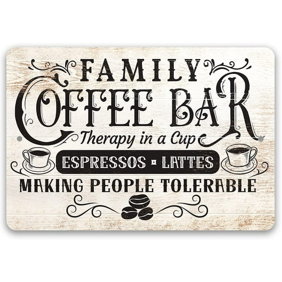 Family Coffee Bar - Therapy in a Cup - Great Coffee Station Decor or Cafe Accessories, Farmhouse Kitchen Dining Art, Unique Coffee Lovers Gift, Indoor or Outdoor Durable Metal Sign (8" x 12")