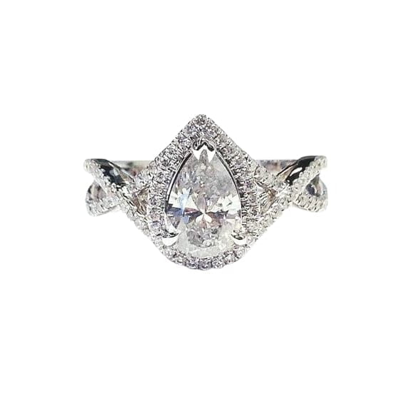 HeartsAndYou 3ct Pear Cut Moissanite Split Shank Engagement Ring for Women 18k White Gold over Silver Halo