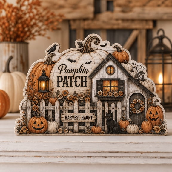 Pumpkin Fence Farmhouse Wooden Block Shelf Sitter for Halloween Decor