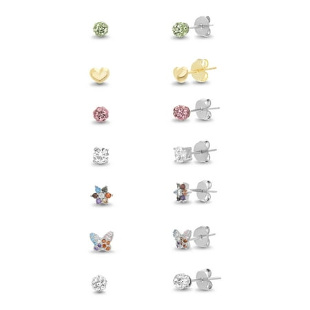 Multi Gem Earring Set - Cubic Zirconia and Fireball Seven Piece Earring Set in Sterling Silver