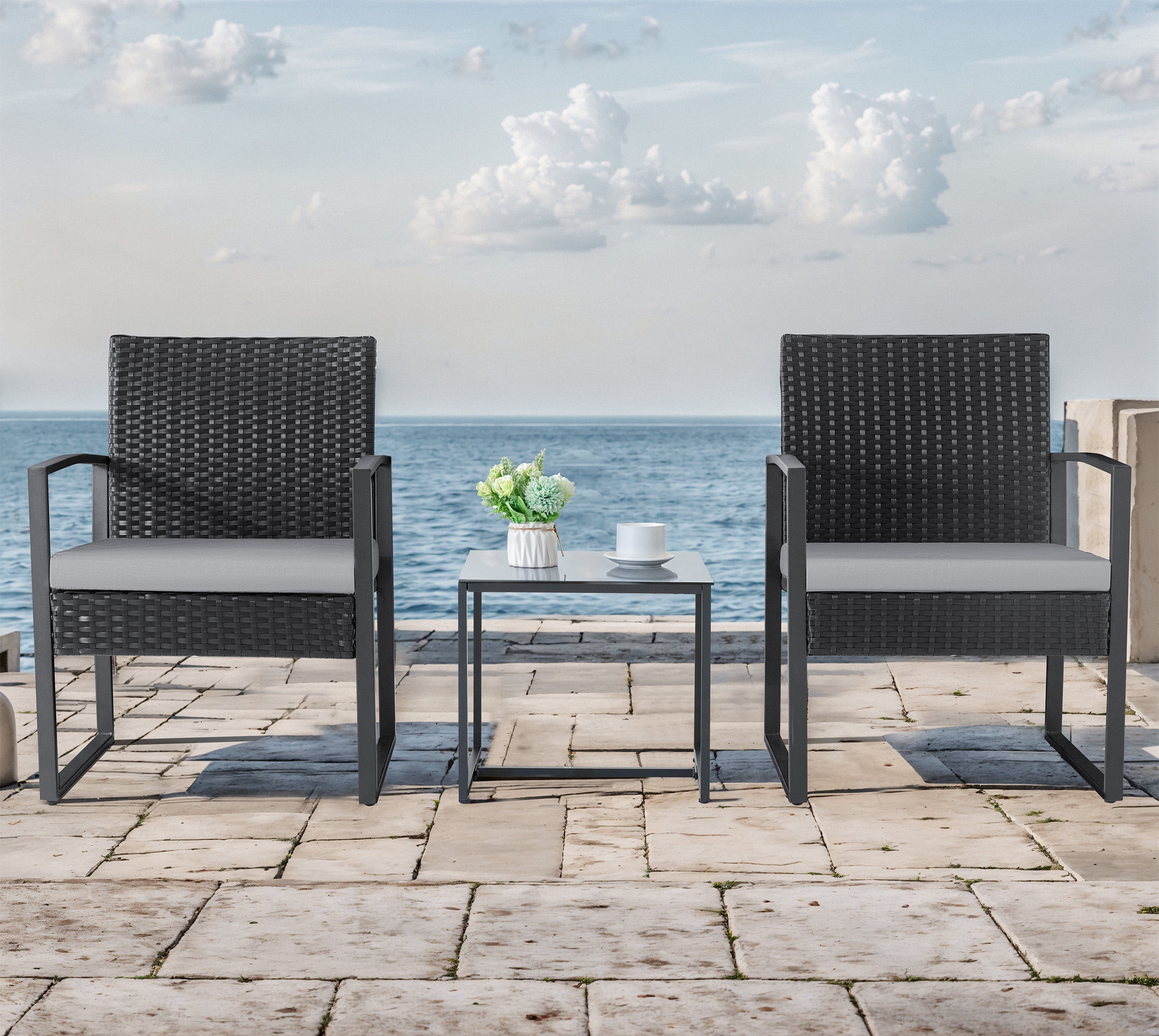 Homall 3-Piece Casual Bistro Set with Wicker Chairs and Coffee Table for Patio Furniture, Grey