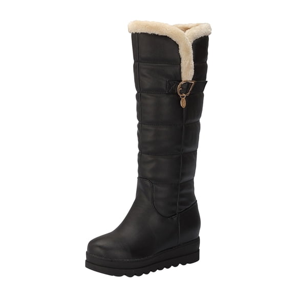 jovati Women Boots Belt Buckle Thick Fleece Slip-on Platform Mid-heels Solid Color Winter Warm Knee High Snow Boots