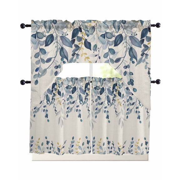Navy Blue Eucalyptus Swag Curtains for Living Room/Bedroom Windows, Farmhouse Weeping Leaves Linen Kitchen Curtains and Valances Set 36 Inch Length, Light Filtering Swags Valance Curtain Panels